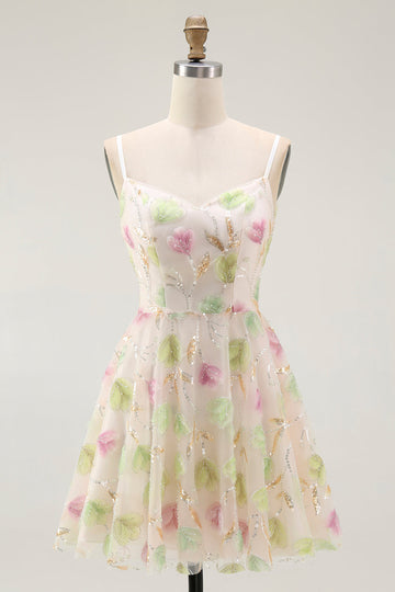 Apricot Floral Sequin A Line Mini Party Dress